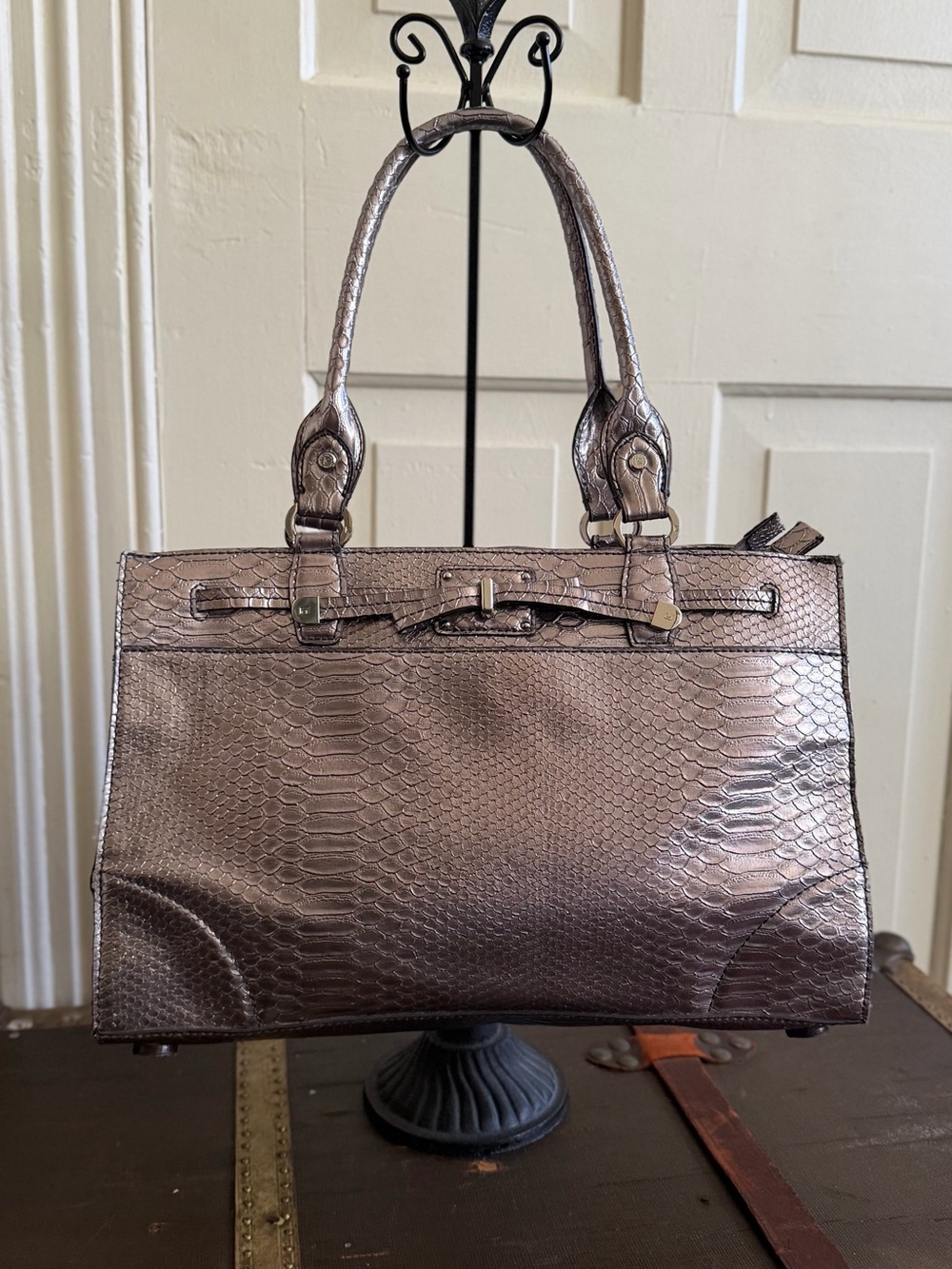 Liz Claiborne Metallic Taupe Snake-Embossed Satchel